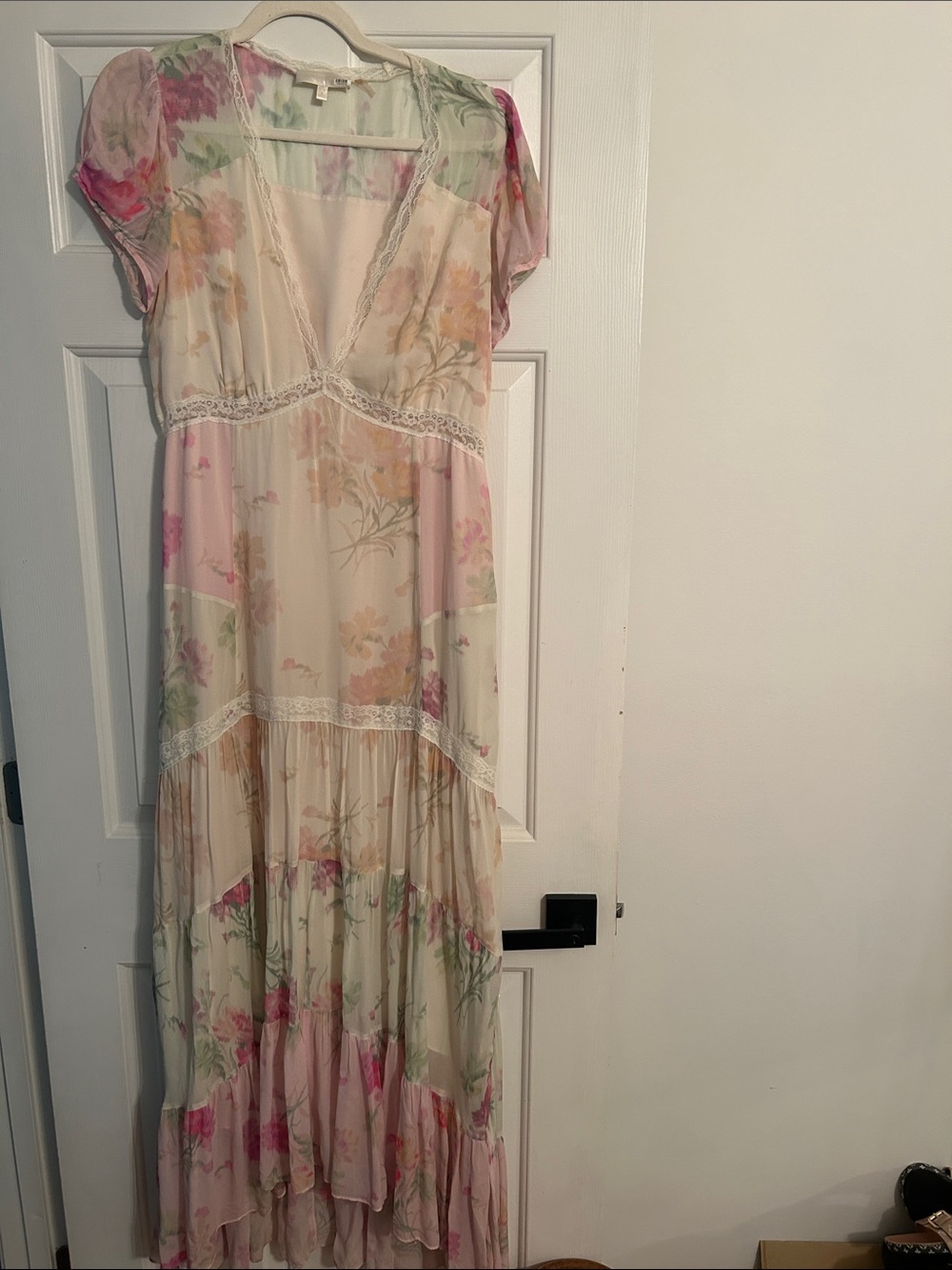 LoveShackFancy Pink and Cream Floral Lace-Trim Maxi Dress